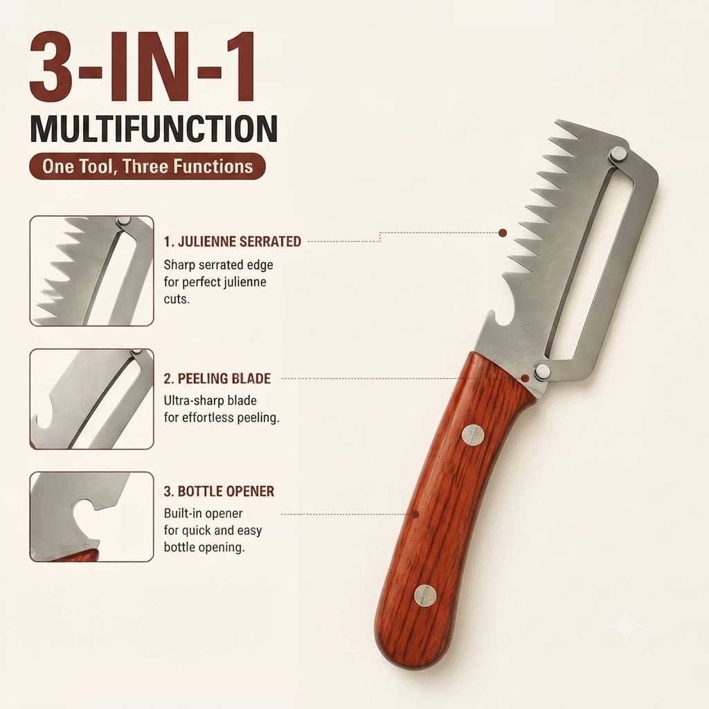 Barakome Multifunctional Classic Peeler — Stainless Steel with Wooden Handle