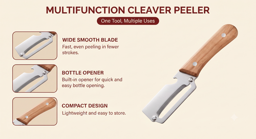 Barakome Cleaver Peeler infographic showing wide smooth blade, bottle opener, and compact design features