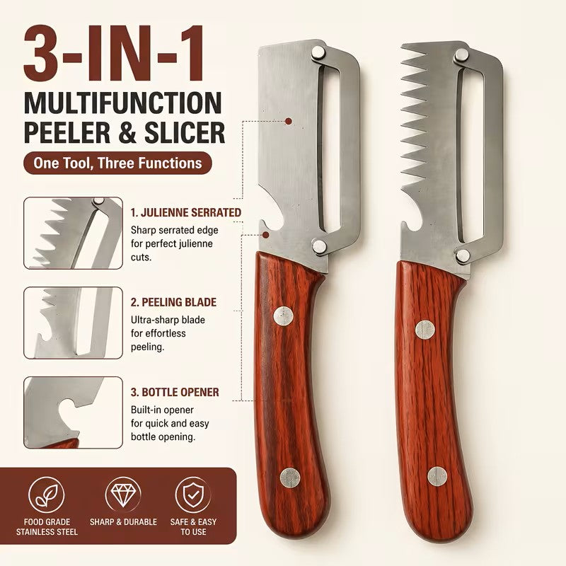 Barakome Multifunctional Kitchen Peeler — Stainless Steel with Wooden Handle