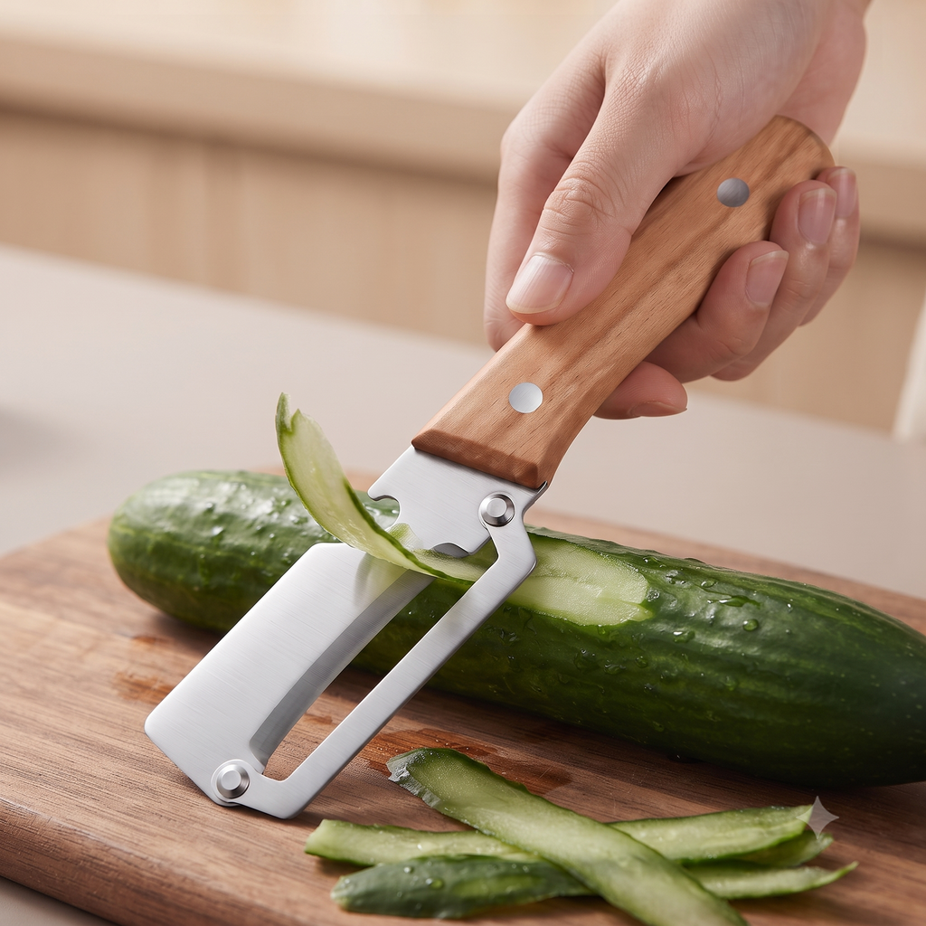 Barakome Cleaver Peeler peeling a cucumber on a wooden cutting board
